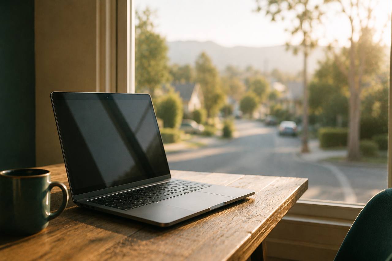 A laptop by a bright window with a suburban street beyond