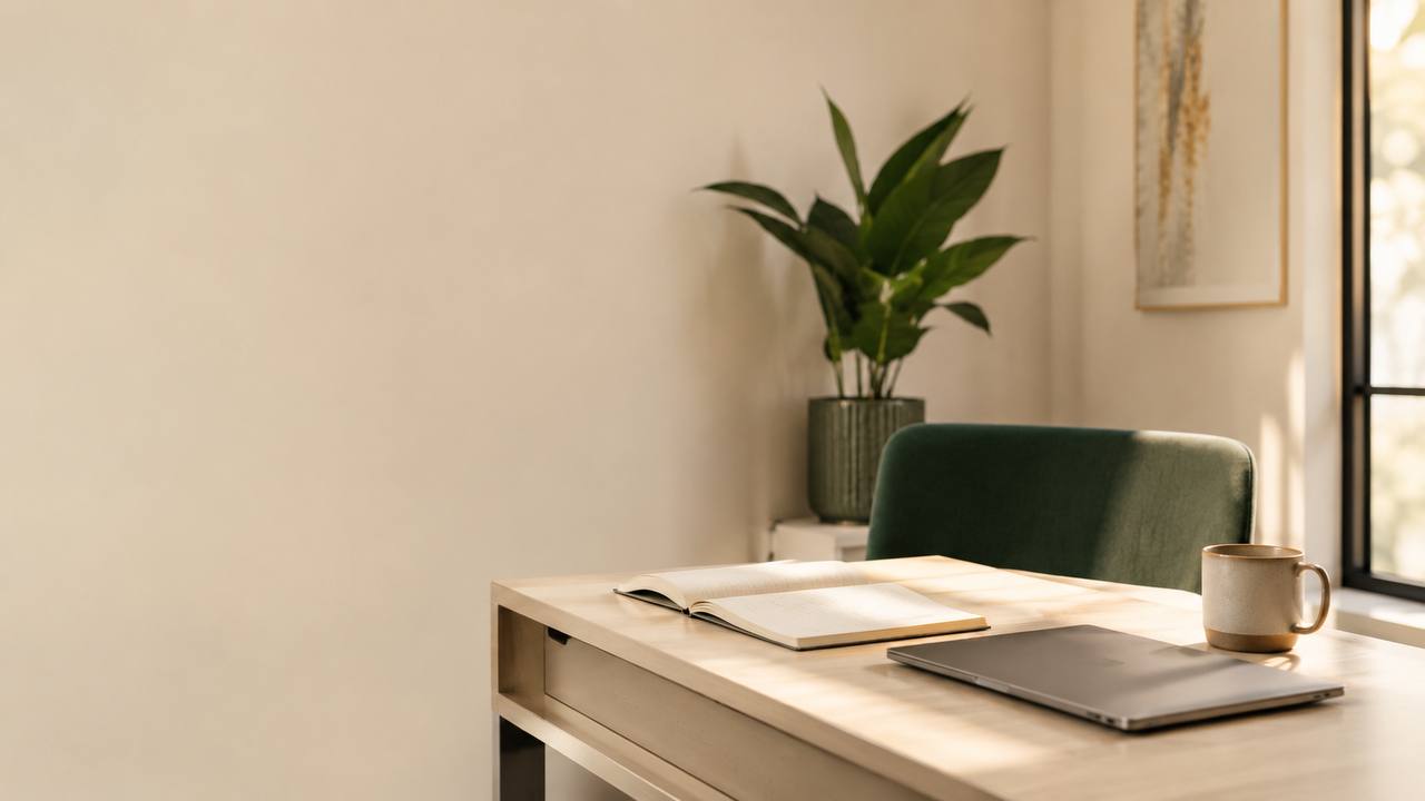 A calm, organized workspace in warm afternoon light