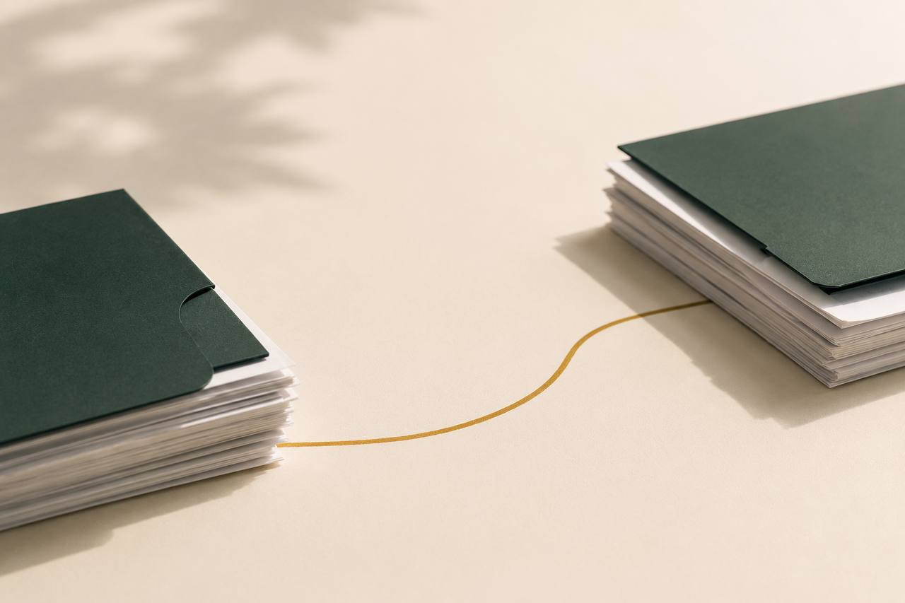 Two document stacks connected by a single gold line