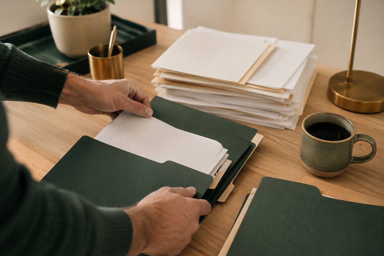 Hands organizing client documents into green folders on a wooden desk