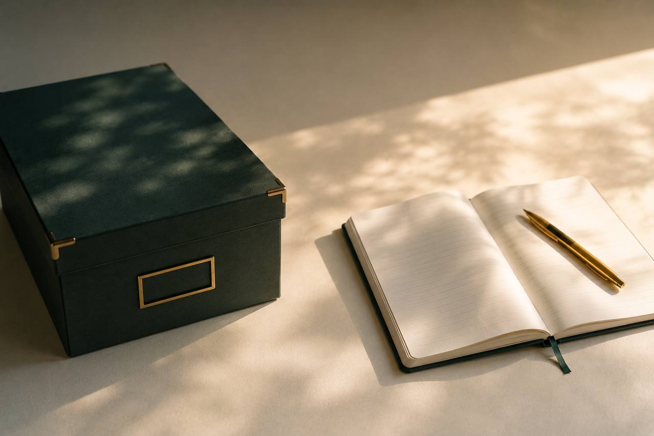 A closed archive box beside an open notebook with a pen