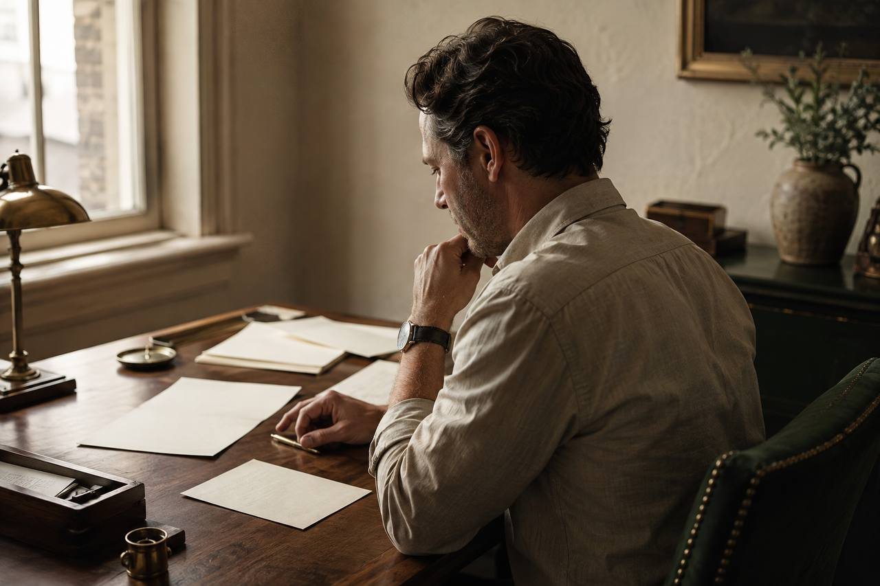 A business owner sitting at a desk by a window, reviewing printed financial documents