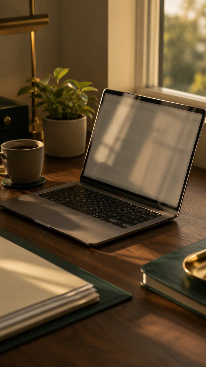 Open laptop ready for a video consult on a warm sunlit desk