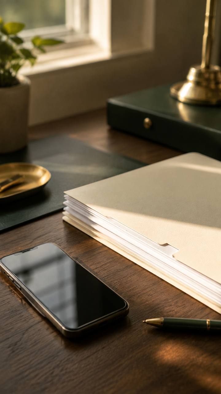 Phone and a folder of documents ready to upload on a sunlit desk