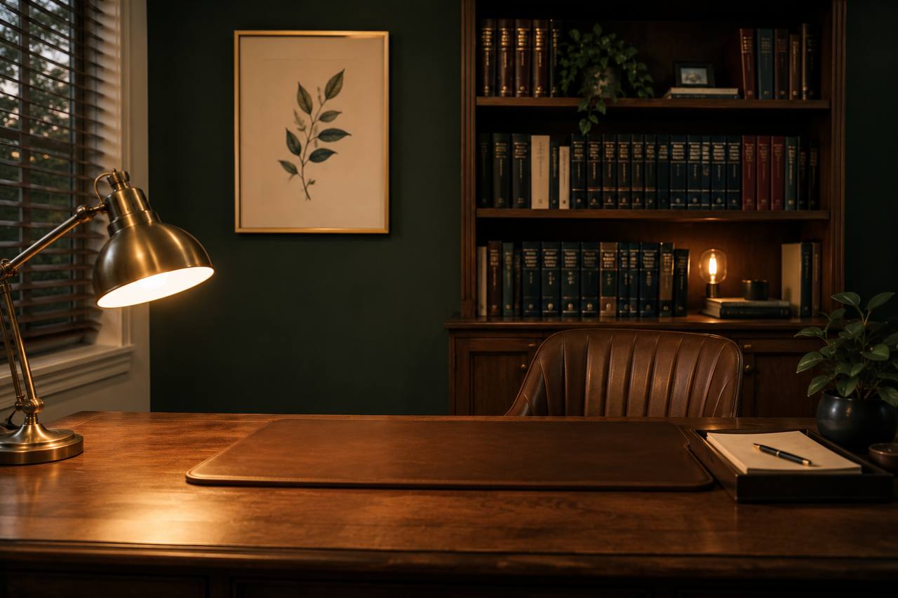 A quiet, warm office, desk lamp, leather chair, shelves of tax reference books