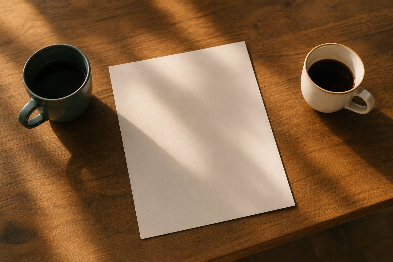 Two coffee cups with a notice between them, seen from above
