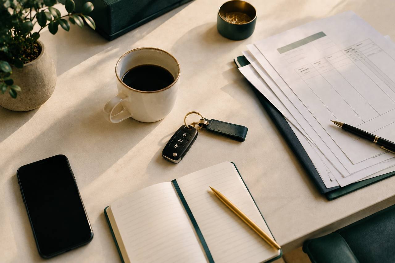 A small-business owner desk with keys, phone, coffee, invoice and notebook