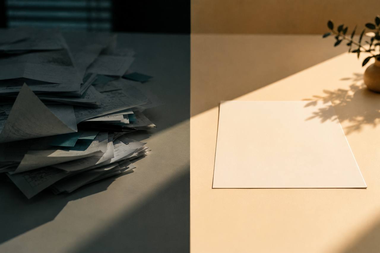 A cluttered pile of papers in shadow beside one clean sheet in warm light